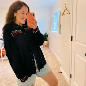 Vintage Bechamel Black Floral Y2K beaded cardigan XL
